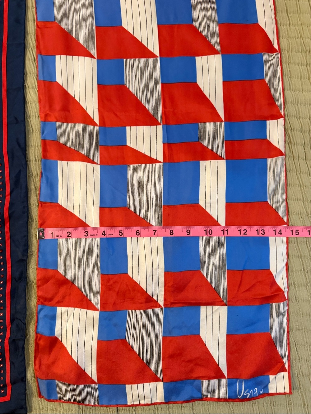 Vtg 1970s Vera Neumann Signed Silk Scarf Geometric Mod Op Art Red Blue White